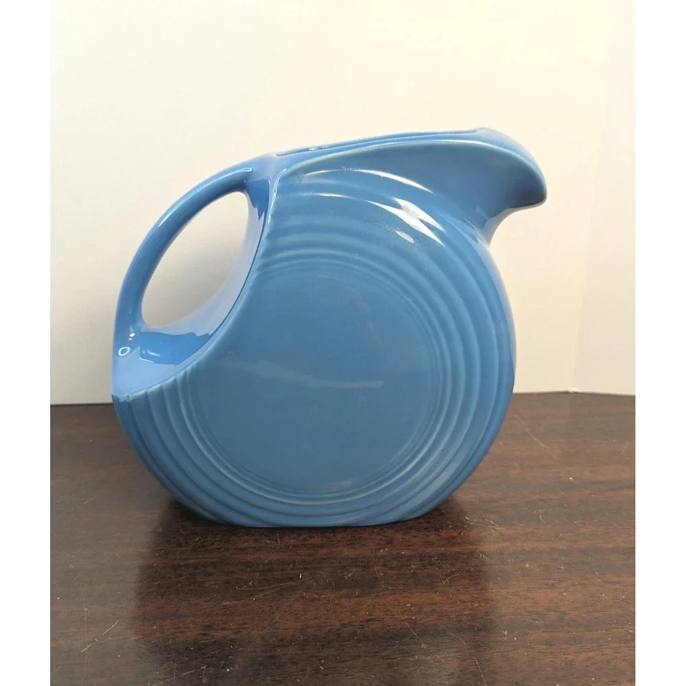 Vintage Homer Laughlin Fiesta Blue Disk Pitcher Vase Sculptural Art Pottery 7in